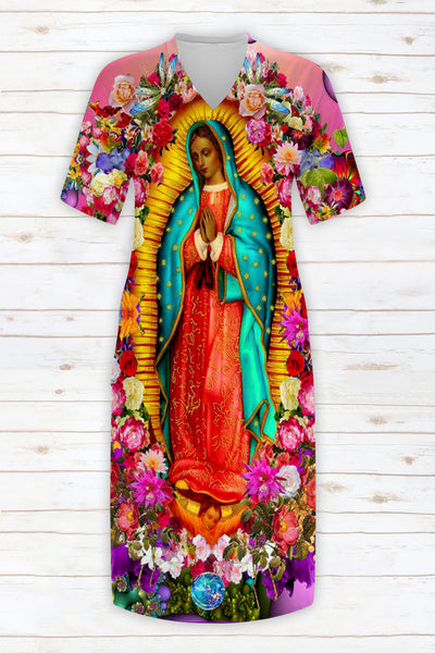 Easter Christianity Tie Dye Floral Our Lady of Mary Plus Size Dress with Pockets