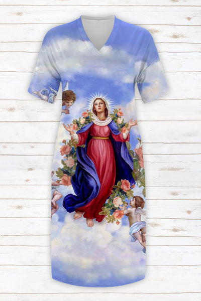 Easter Christianity Vintage Clouds Floral Angel Virgin Mary Plus Size Dress with Pockets