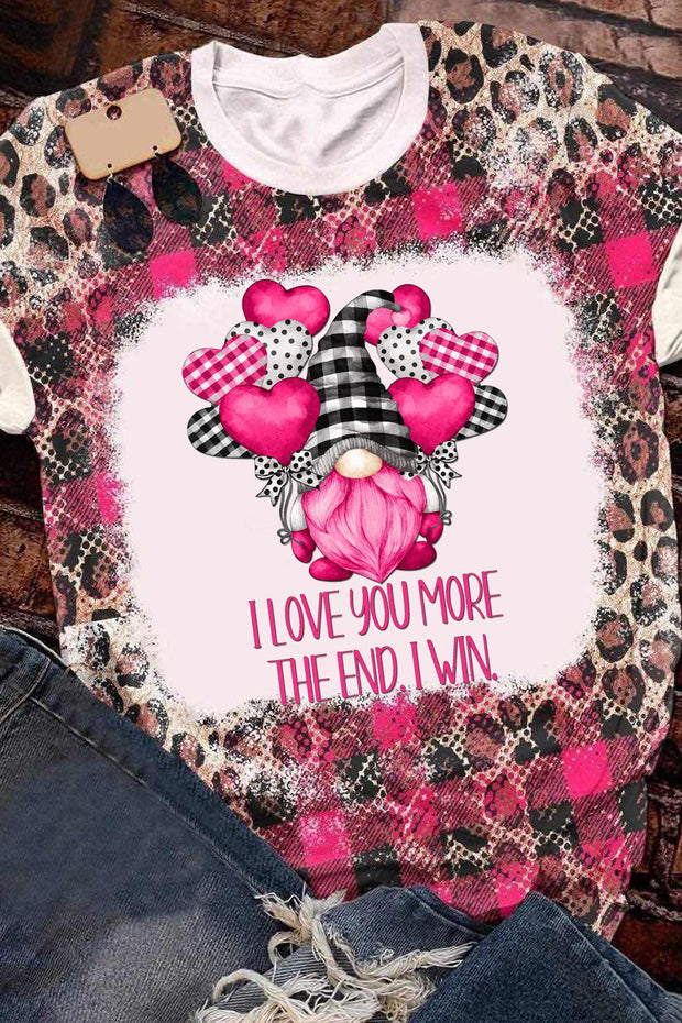 Gnomes Love Heart-Shaped Balloons Leopard Plaid Print T-Shirt