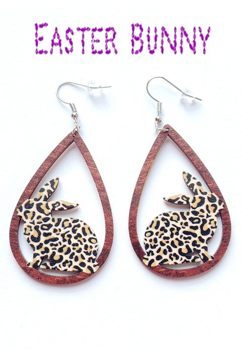 Leopard Easter Bunny Rabbit Teardrop Wooden Earrings