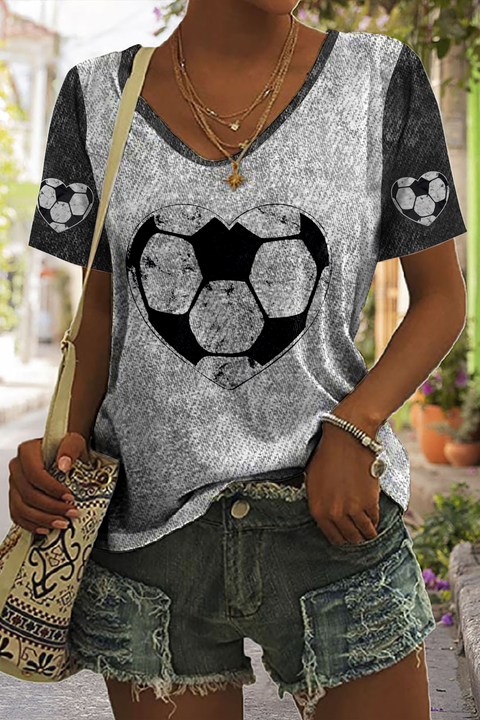 Game Day Retro Love Heart Soccer Print V-neck T-shirt