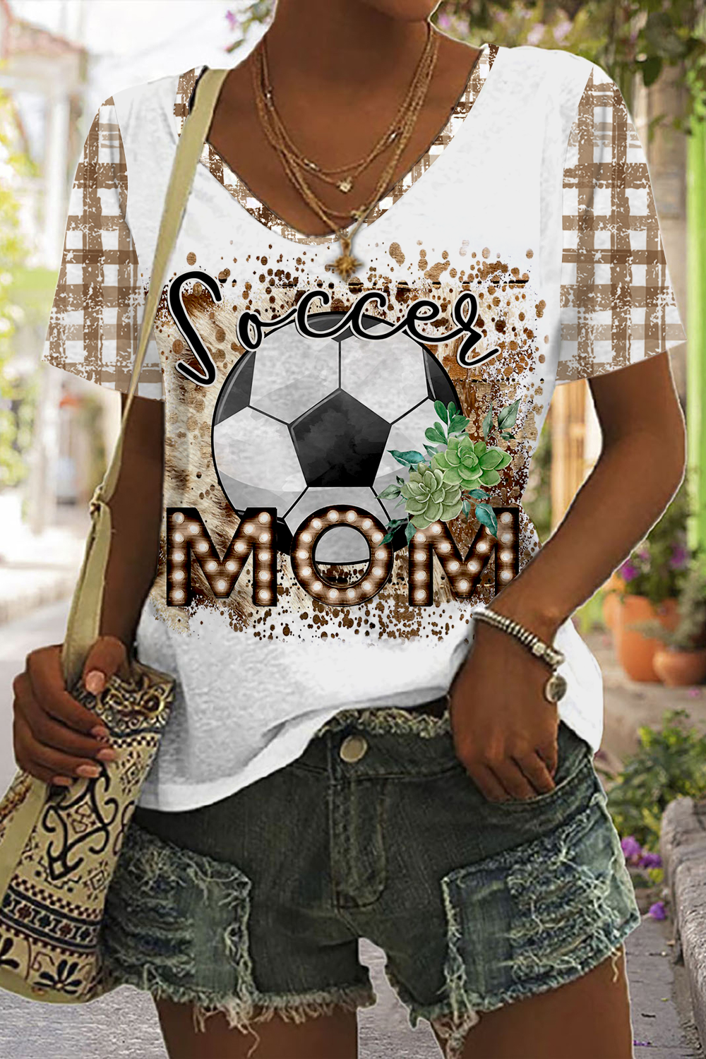 Retro Soccer Mom Tie Dye Check Print V-neck T-shirt