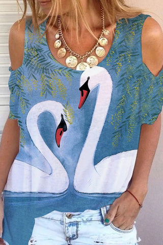 White Swan In Love Print Cold Shoulder T-shirt