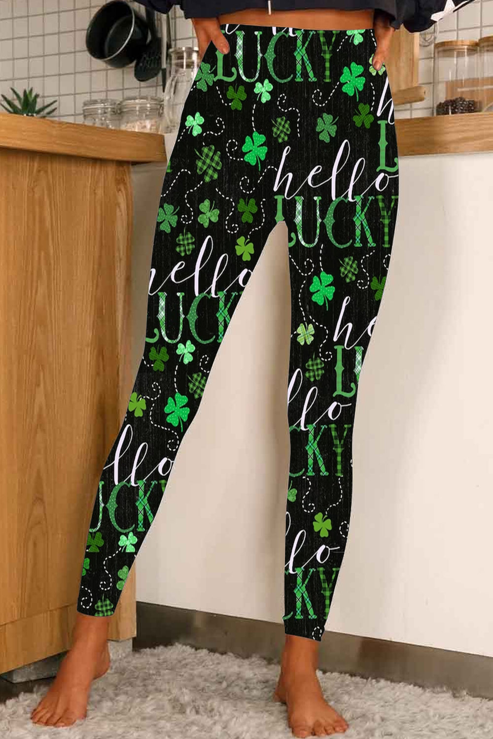 Hello Lucky St Patrick's Day Shamrocks Black Green Vintage Printed Leggings