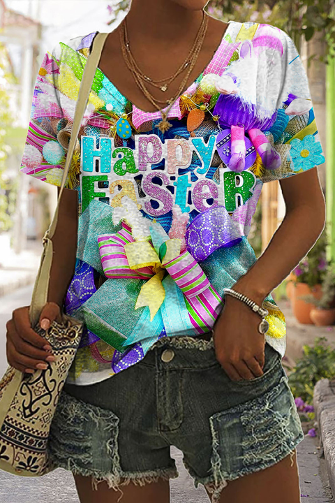 Happy Easter Colorful Patterns of Easter Decorations V Neck T-shirt