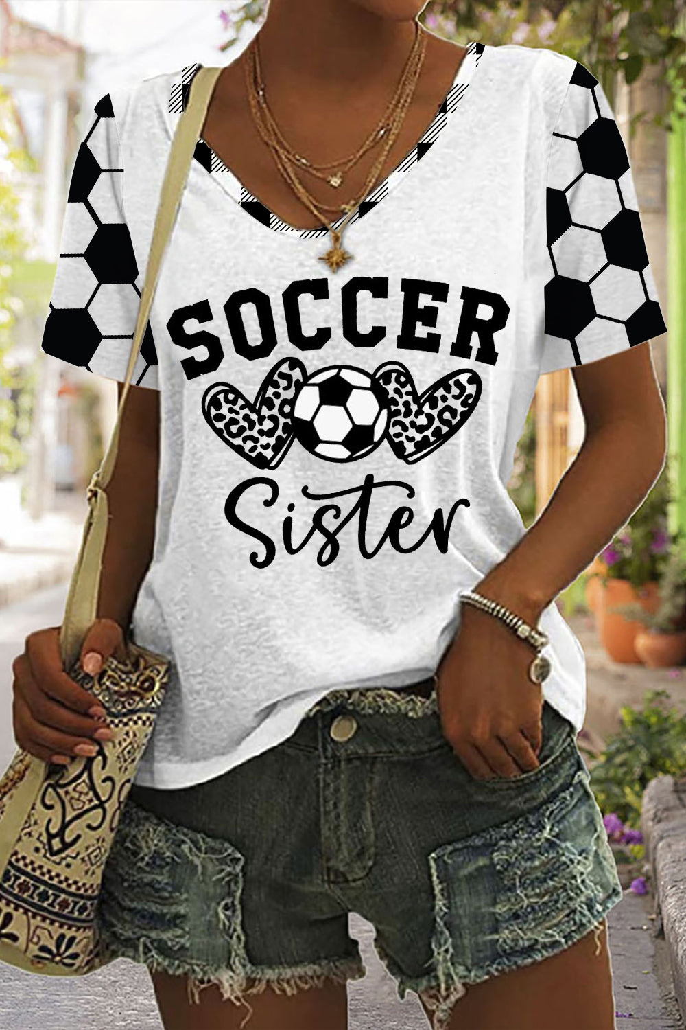 Soccer Sister Heart Plaid Print V-Neck T-Shirt