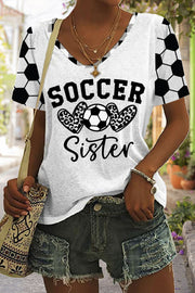 Soccer Sister Heart Plaid Print V-Neck T-Shirt