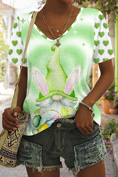 Easter Spring Green Love Gnomes and Easter Eggs Printed V Neck T-shirt