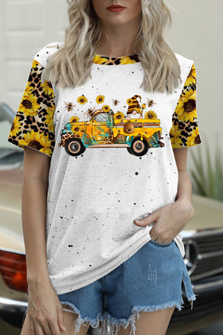 Western Gnomes Truck With Bees And Sunflowers Leopard Print T-Shirt