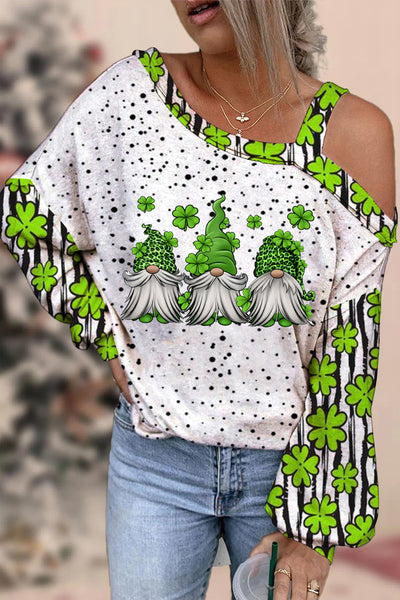 Green Leopard Lucky Clover Gnomes Polka Dots Print Off-Shoulder Blouse