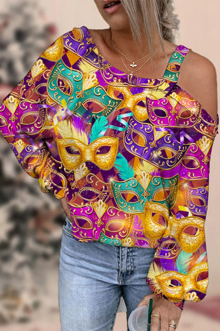 Glitter Mardi Gras Carnival Mask Print Off-Shoulder Blouse