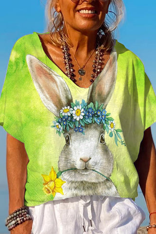 Happy Easter Bunny With Daffodils Spring Floral Printed Dolman Sleeves Tee