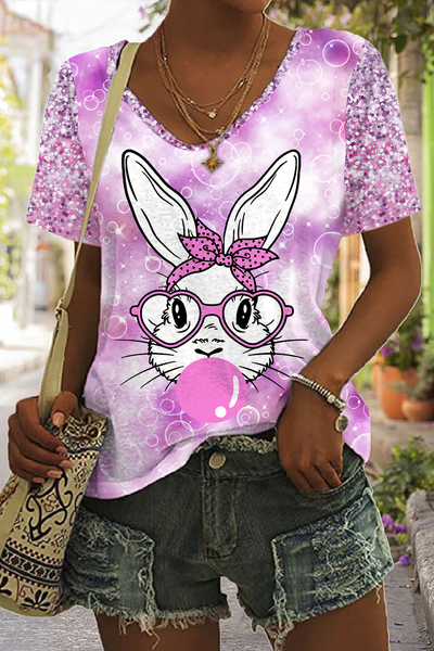 Easter Bunny Bubble Gum Blowing Rabbit Printed V Neck T-shirt