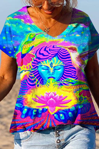 Retro Hippie Art Goddess Tie Dye Print V-neck T-shirt