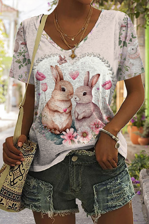 Vintage Painting Easter Bunny In The Pink Spring Garden Painting V-neck T-shirt