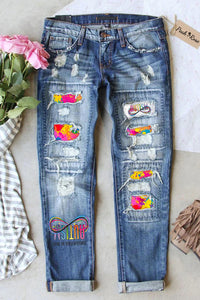 Autism Infinity Rainbow Seeing The World Differently Printed Ripped Denim Jeans