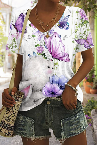 Easter Bunny & Butterfly Reborn In Flowering Shrubs V Neck T-shirt