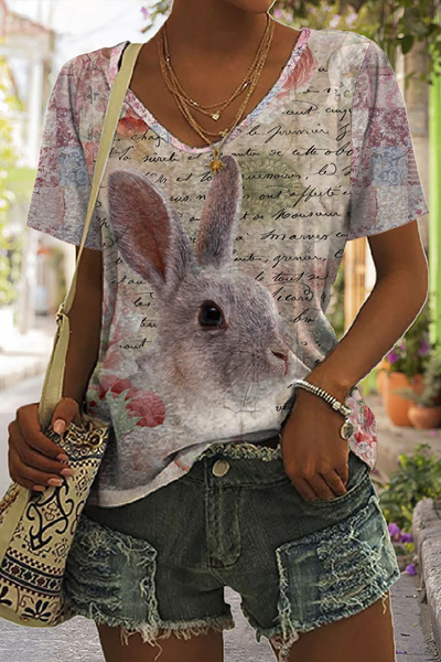 Vintage Poster & Easter Bunny Painting V-neck T-shirt