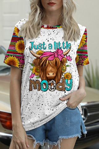 Just A Little Moody Western Leopard Sunflower Print Round Neck T-shirt