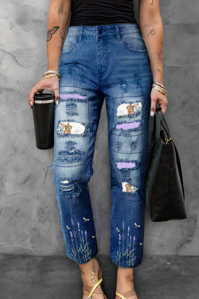 Cute Easter Bunny In The Purple Flowers Printed Ripped Denim Jeans
