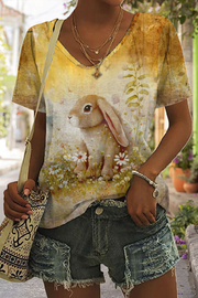 Retro Chronology Easter Bunny Warm Color Painting V-neck T-shirt