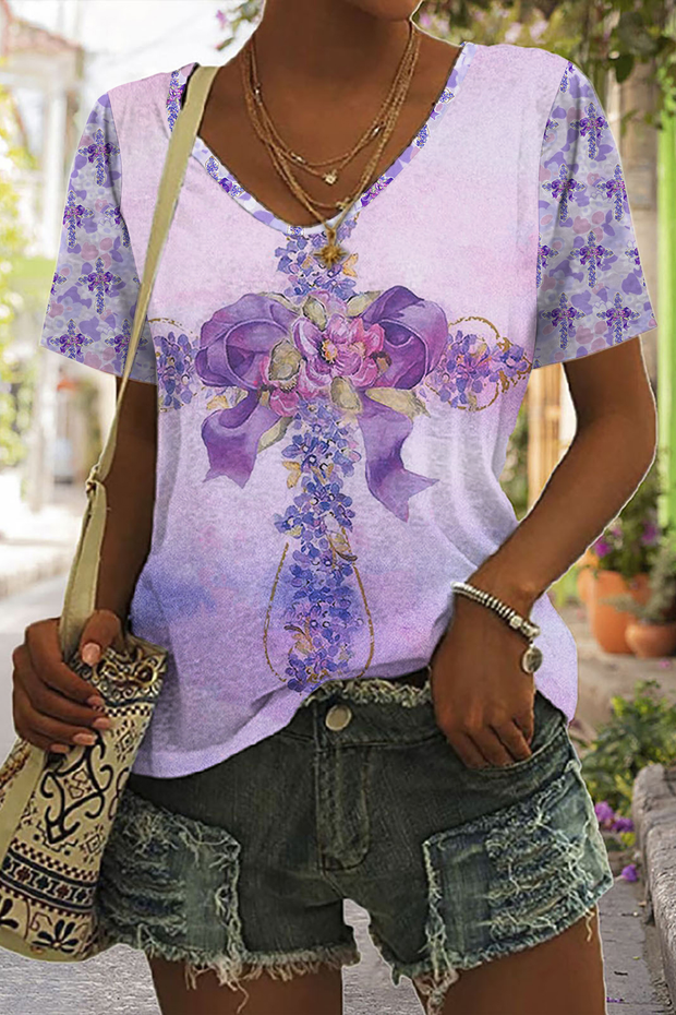 Easter Faith Floral Cross V Neck T-shirt