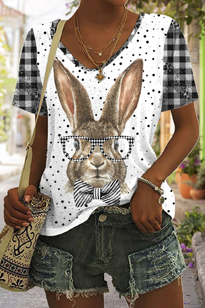 Gentleman Rabbit at Easter Day Print V-neck T-shirt