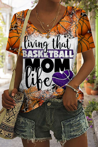 Living That Basketball Mom Vibe Printed V-neck T-shirt