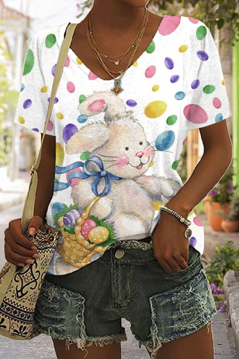 Happy Easter Bunny & Colorful Easter Eggs V Neck T-shirt