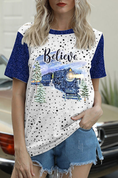 Blue Polka Believe Express Train T-shirt