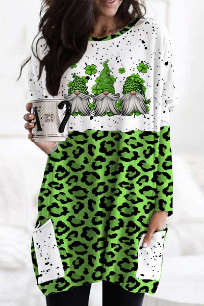 Green Leopard Leaf Clover Gnomes Loose Tunic With Pockets
