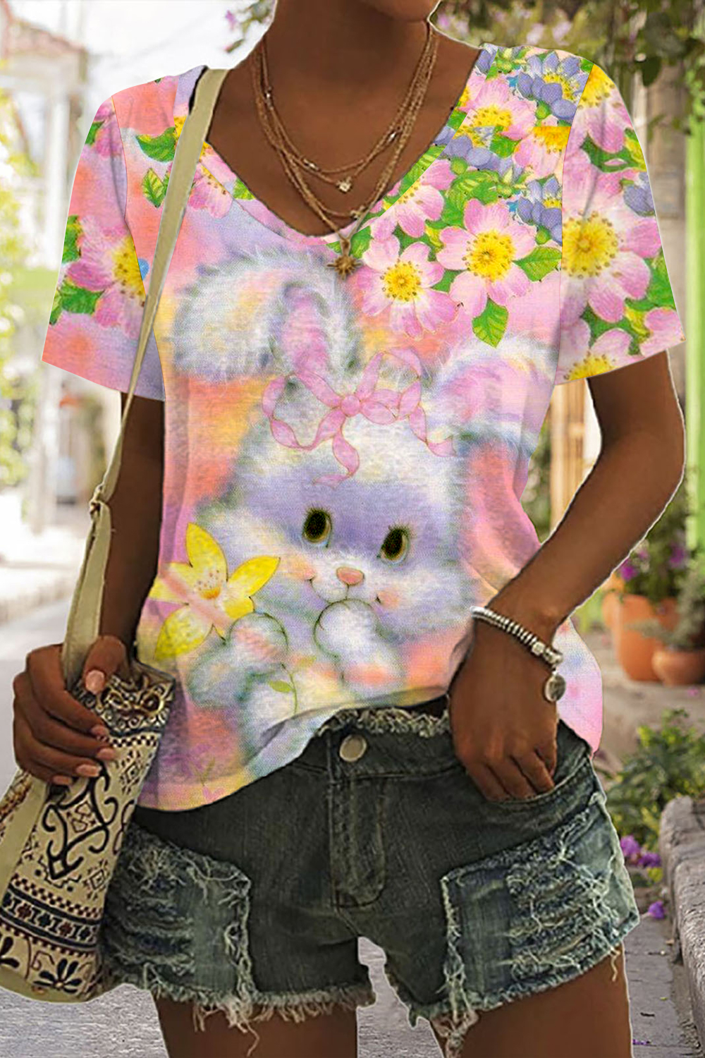 Dreamy Easter Bunny & Flowers V Neck T-shirt