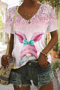 Easter Glitter Pink Rabbit Gnomes and Easter Eggs V Neck T-shirt