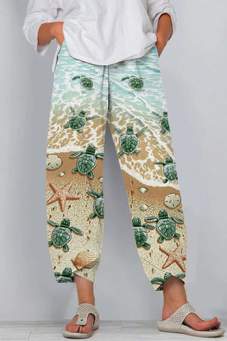 Travel Day Ocean World Beach Sea Turtle And Conch Printed Casual Pants