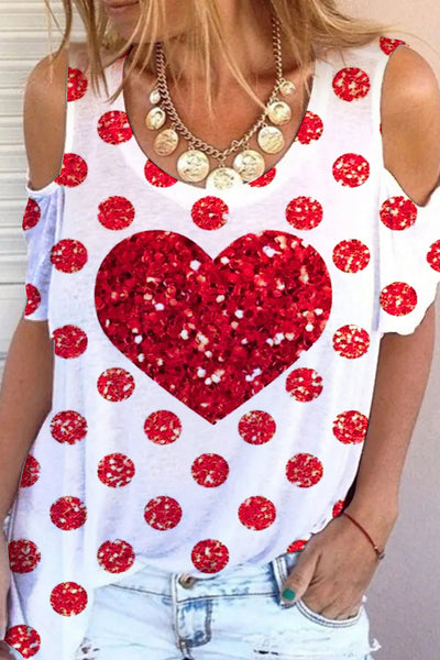 Red Polka Dots Love Print Cold Shoulder T-Shirt