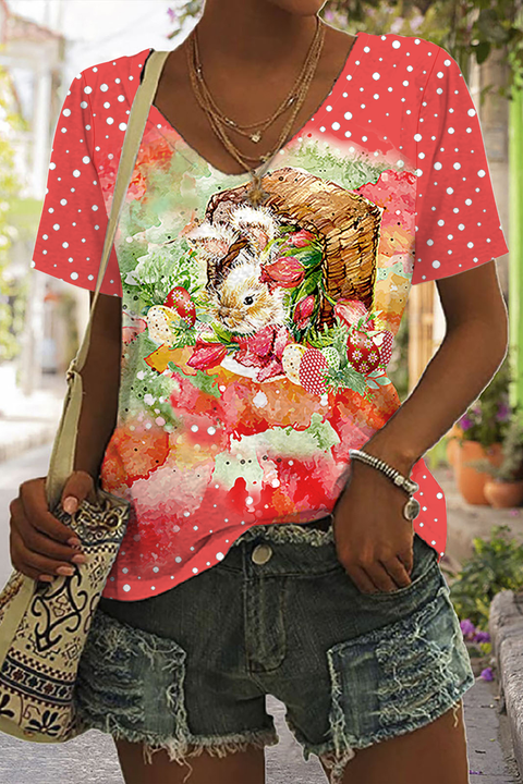 Easter Bunny Watercolor Bunny and Easter Egg Printed V Neck T-shirt