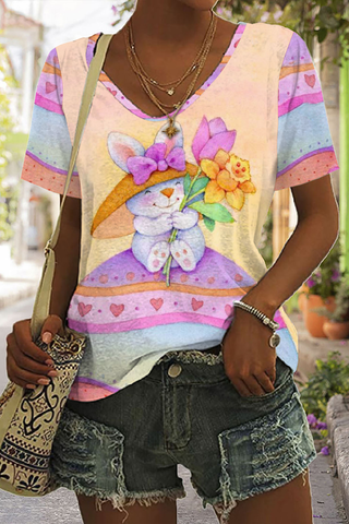 Happy Easter Bunny Sit On Colorful Easter Egg V Neck T-shirt