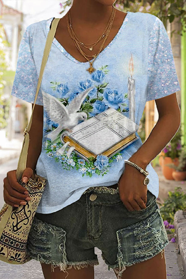 Easter Raise Up Holy Doves & Flowers Print V-neck T-shirt