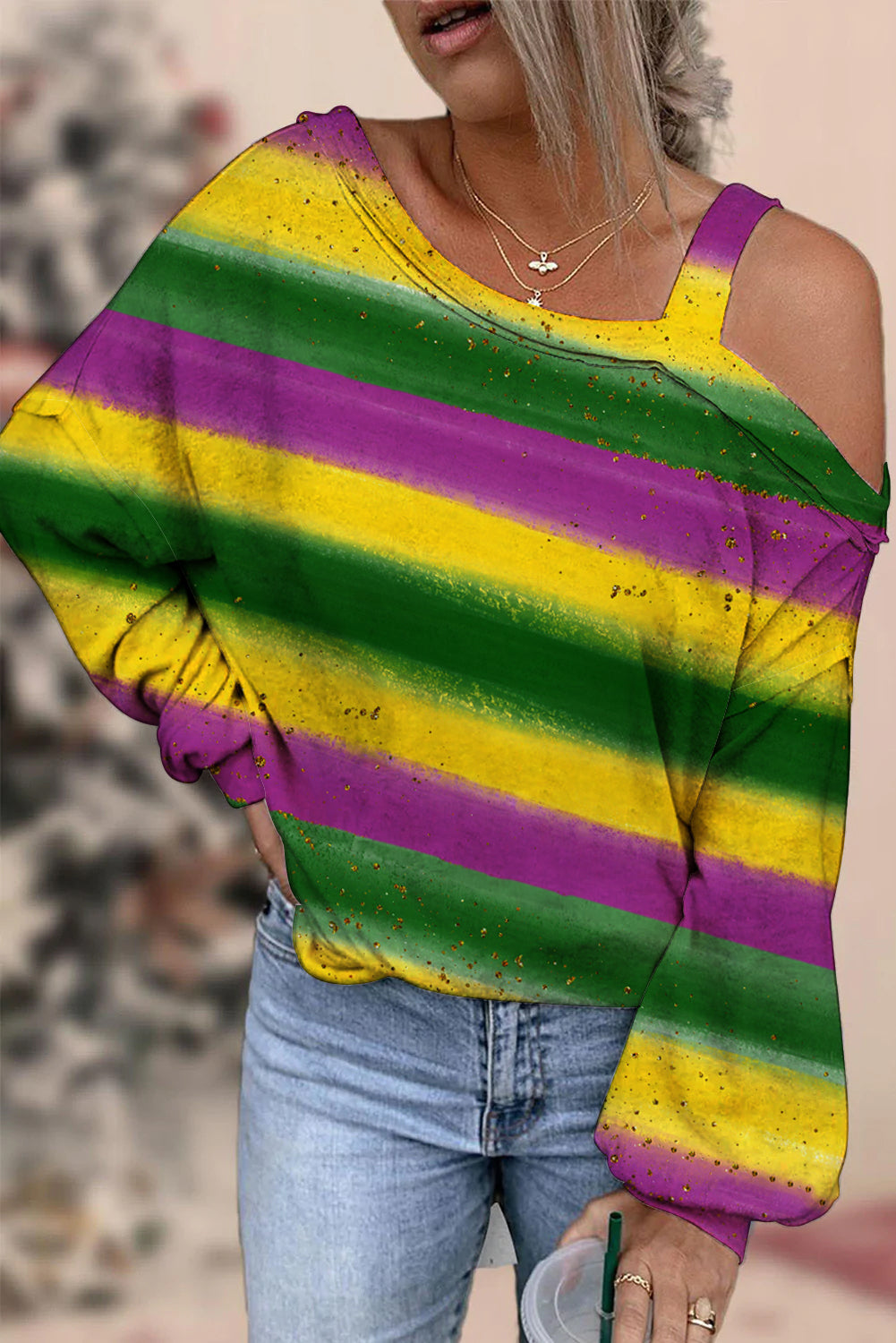 Vintage Mardi Gras Carnival Purple Green And Gold Splash Color Block Print Off-Shoulder Blouse