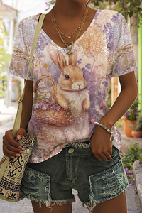 Vintage Painting Poster Easter Bunny Painting V-neck T-shirt
