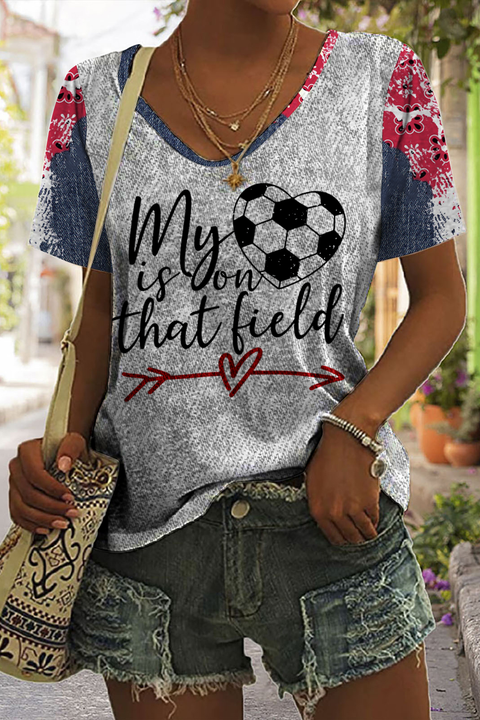 My Heart Is On That Field Denim Print Splicing V-neck T-shirt