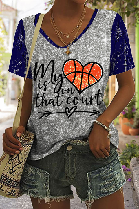 Basketball Day My Heart Is On That Court Print V-neck T-shirt