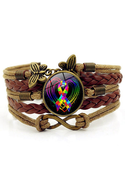 Autism Awareness Acceptance Love Multicolour Puzzle Ribbon Leather Bracelet