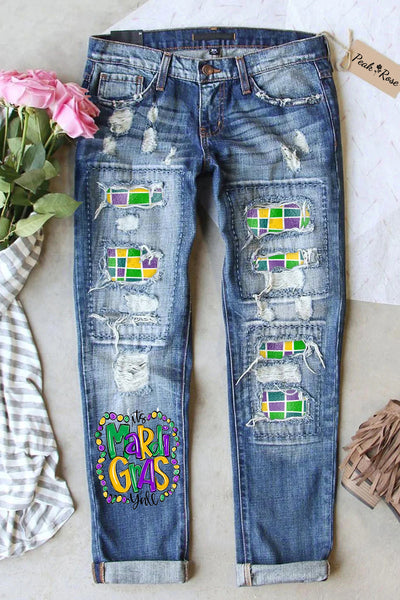 It's Mardi Gras Y'all Colored Beads Ripped Jeans