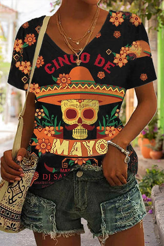 Western Cinco De Mayo Skull Sombrero Print V Neck T-shirt