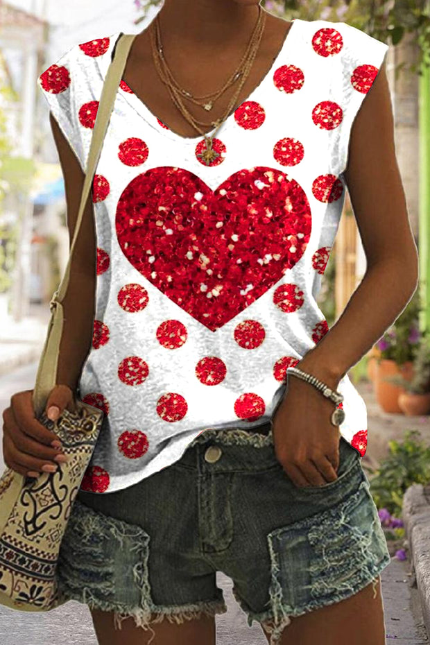 Red Polka Dots Love Print Tank Top