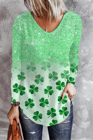 St. Patrick's Day Glitter Gradient Shamrock Print V Neck Long Sleeve T-Shirt