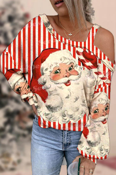 Red Plaid Santa Print Off-Shoulder Blouse