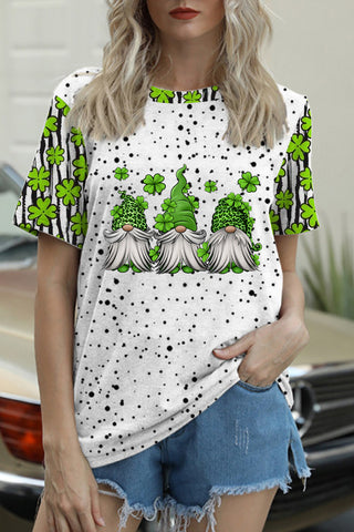 Green Leopard Lucky Clover Gnomes Polka Dots Print T-shirt