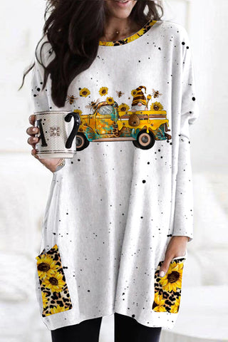 Western Gnomes Truck With Bees And Sunflowers Leopard Print Loose Tunic With Pockets